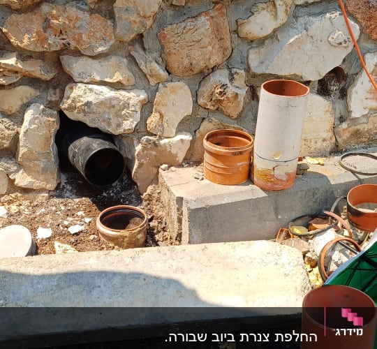 צינורות וכלי עבודה ליד קיר אבן, קשור לאינסטלציה